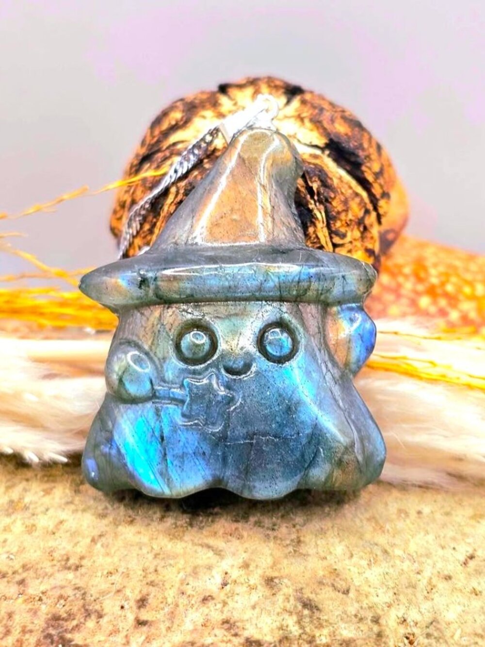 Natural Labradorite Carved Cute Ghost Wizard Pendant Necklace